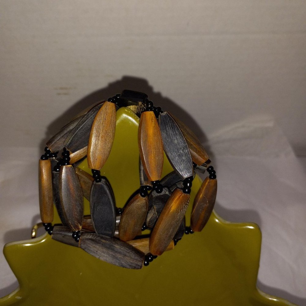 Vintage Wood Bead Cuff Bracelet - Stretchy